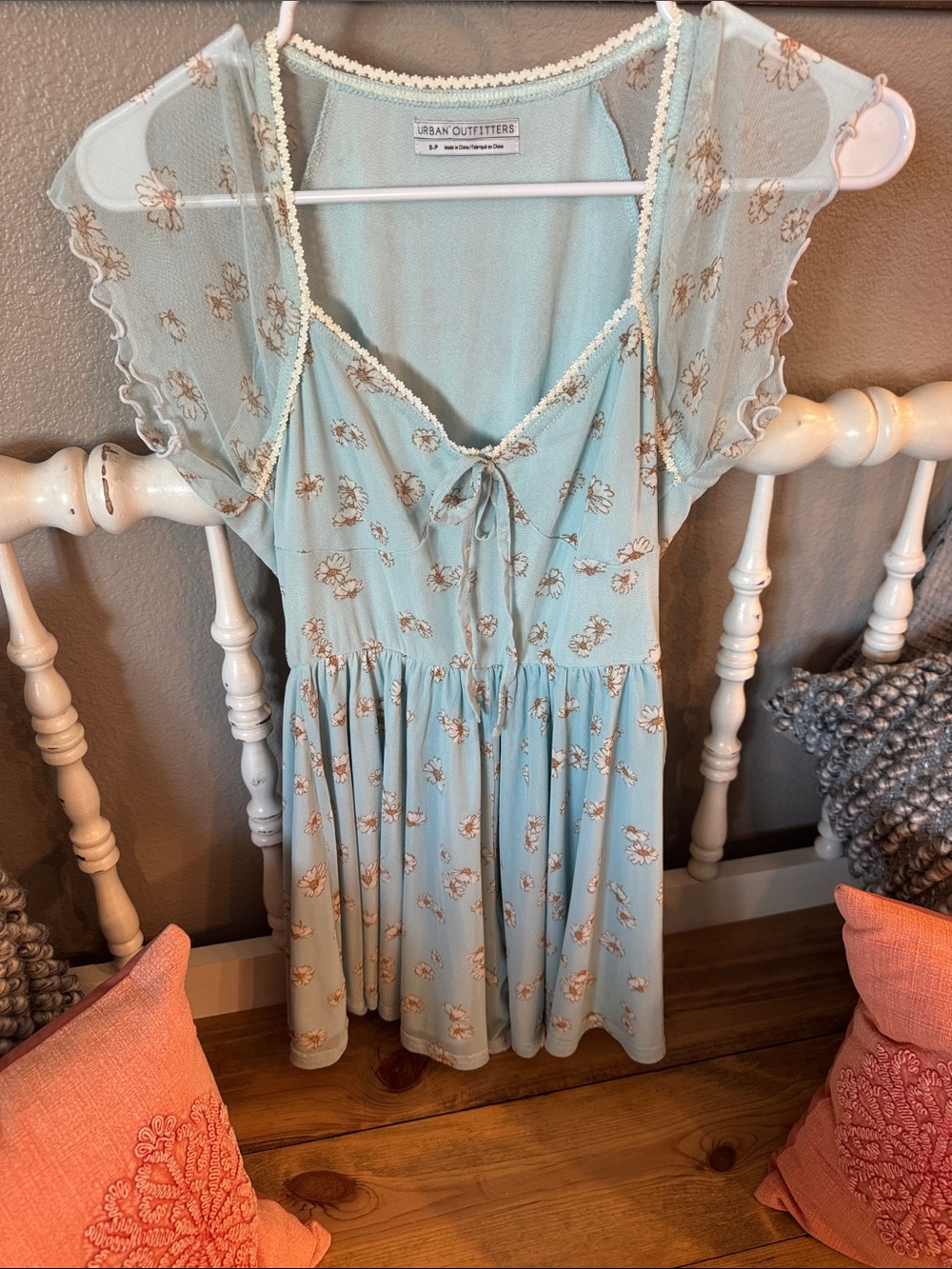 Urban Outfitters Mint Blue Floral Mesh-Sleeve romper